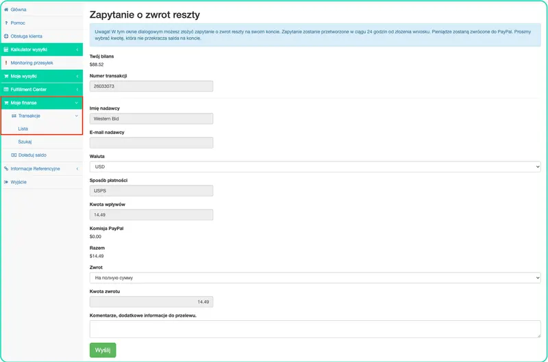 Jak zwrócić saldo z konta West Parcel na konto PayPal?