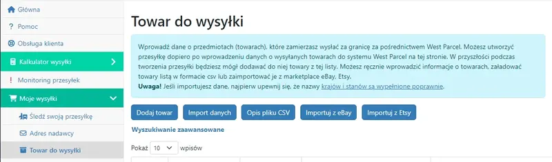 Jak dodać towar do wysyłki na koncie West Parcel