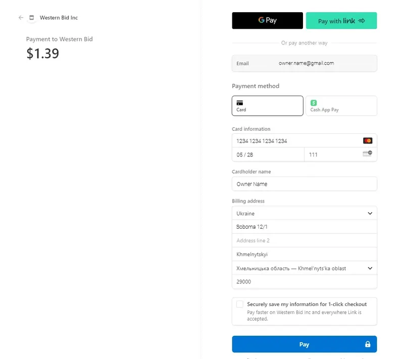 Форма ввода данных карты Stripe